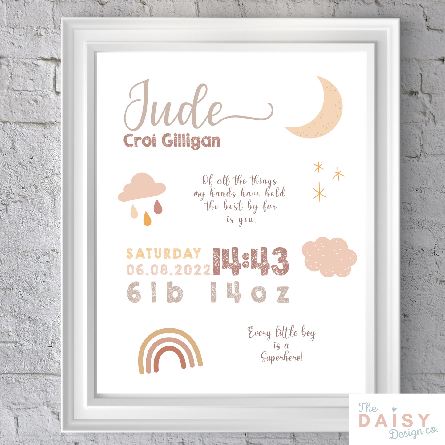 Baby Rainbows Personalised Birth Details Print - Neutral - Print Only