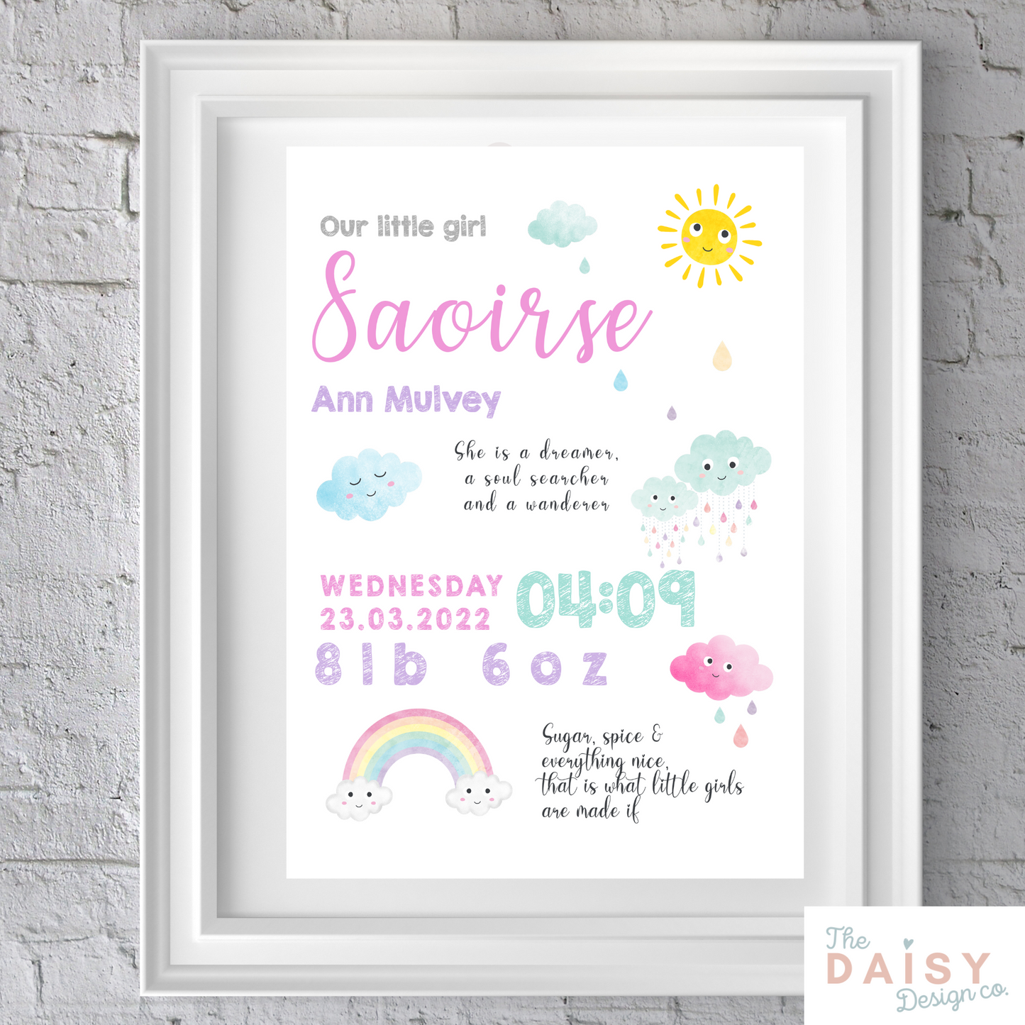 Baby Rainbows Personalised Birth Details Print - Pink - Print Only