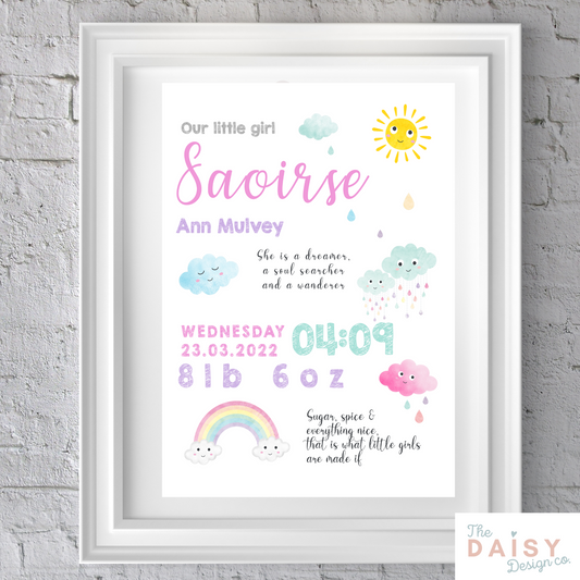 Baby Rainbows Personalised Birth Details Print - Pink - Print Only