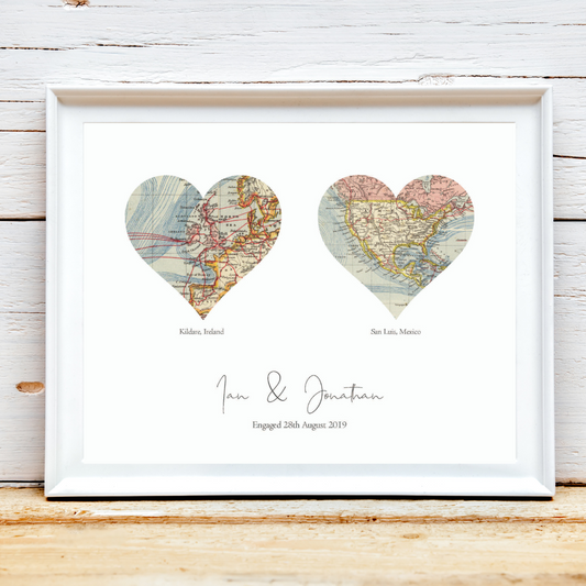 Where we met - Heart-shaped map print of couples locations - Engagement Gift - Framed