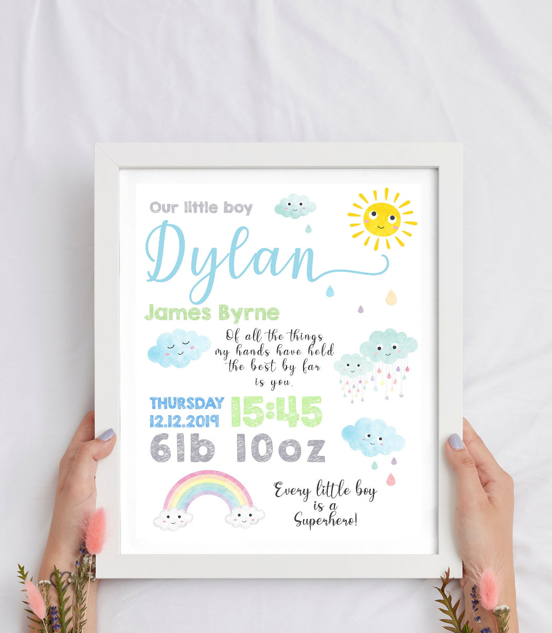 Baby Rainbows Personalised Birth Details Print - Blue - Print Only