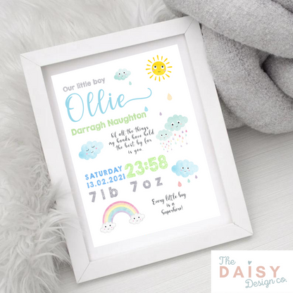 Baby Rainbows Personalised Birth Details Print - Blue - Print Only