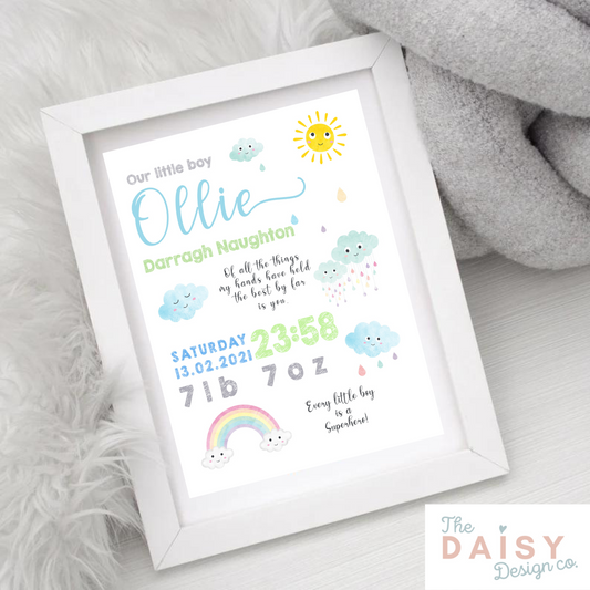 Baby Rainbows Personalised Birth Details Print - Blue - Print Only